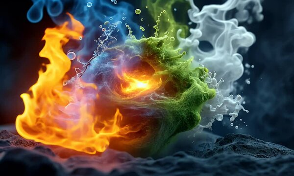 Abstract Energy Orb: Dynamic Fire Water Green and White Elements