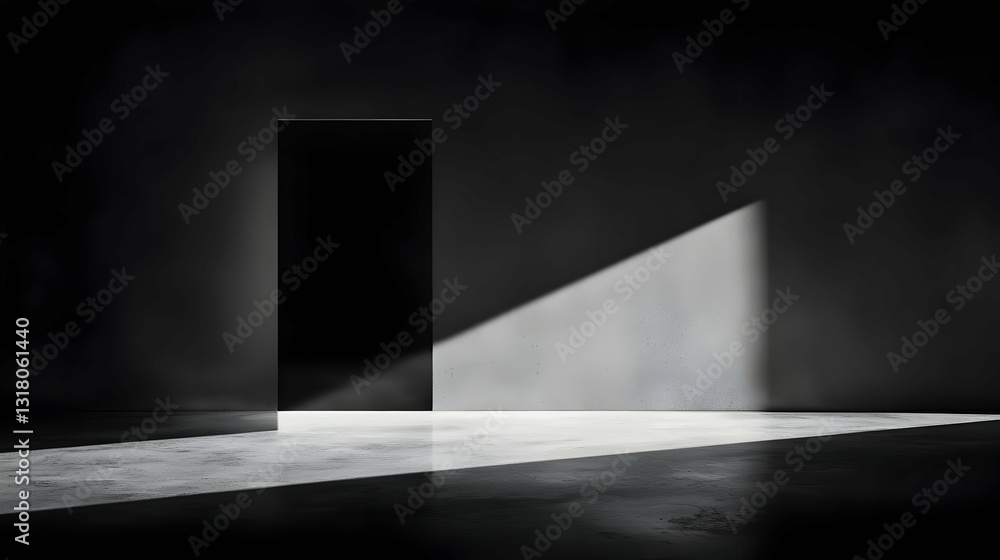 Poster dramatic black doorway with sharp light and shadow on concrete floor in minimalist architectural int
