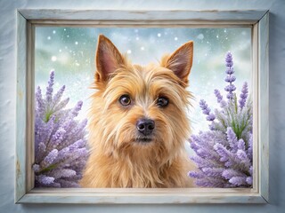 Aerial view of a Norwich Terrier, water reflecting the sky, aged hemp field, and snowy landscape.