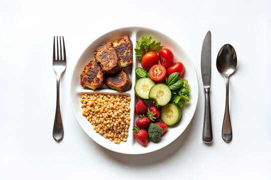 Balanced meal plate plan, top view of a plate with balanced portions of food, a concept of nutrition, diet, and healthy eating