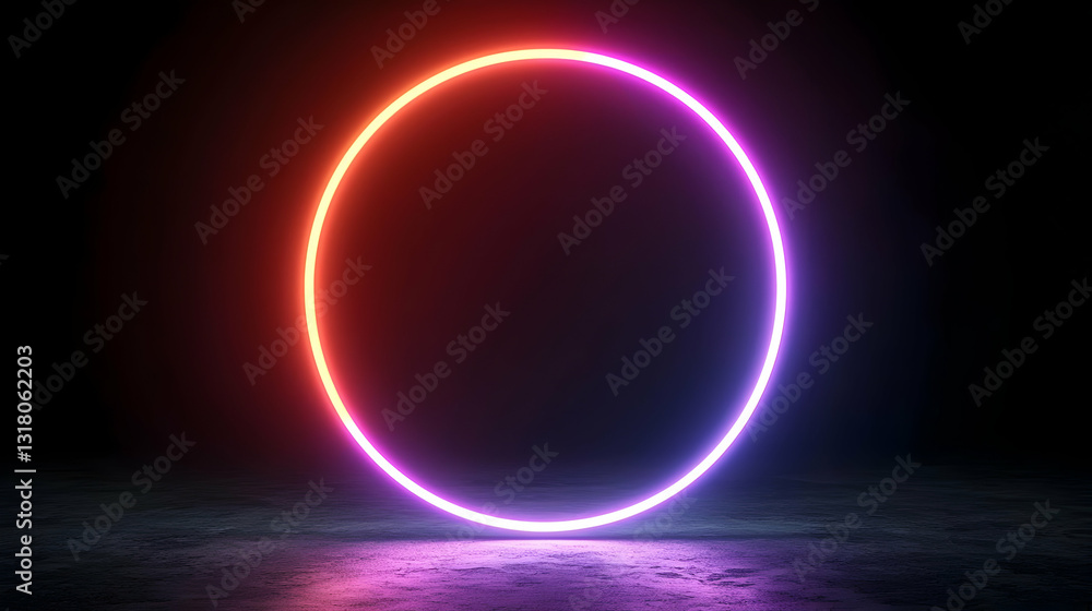 Poster a glowing neon circle illuminates dark empty space with colorful gradient light on a textured floor 