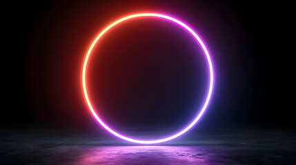 A Glowing Neon Circle Illuminates Dark Empty Space With Colorful Gradient Light On A Textured Floor In A Futuristic Synthwave Style