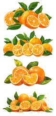 Citrus Harmony: Vivid arrangement of juicy oranges, some halved and sliced, is showcased with fresh green leaves, offering a refreshing and visually appealing display.