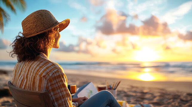 Young woman painting an ocean scene at sunset on a beach creative activity tranquil environment inspirational viewpoint