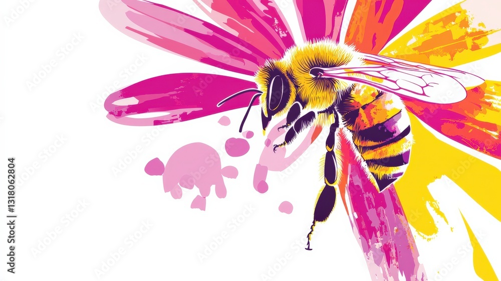 Poster vibrant illustration of a bee hovering near a colorful flower with abstract splashes in the backgrou