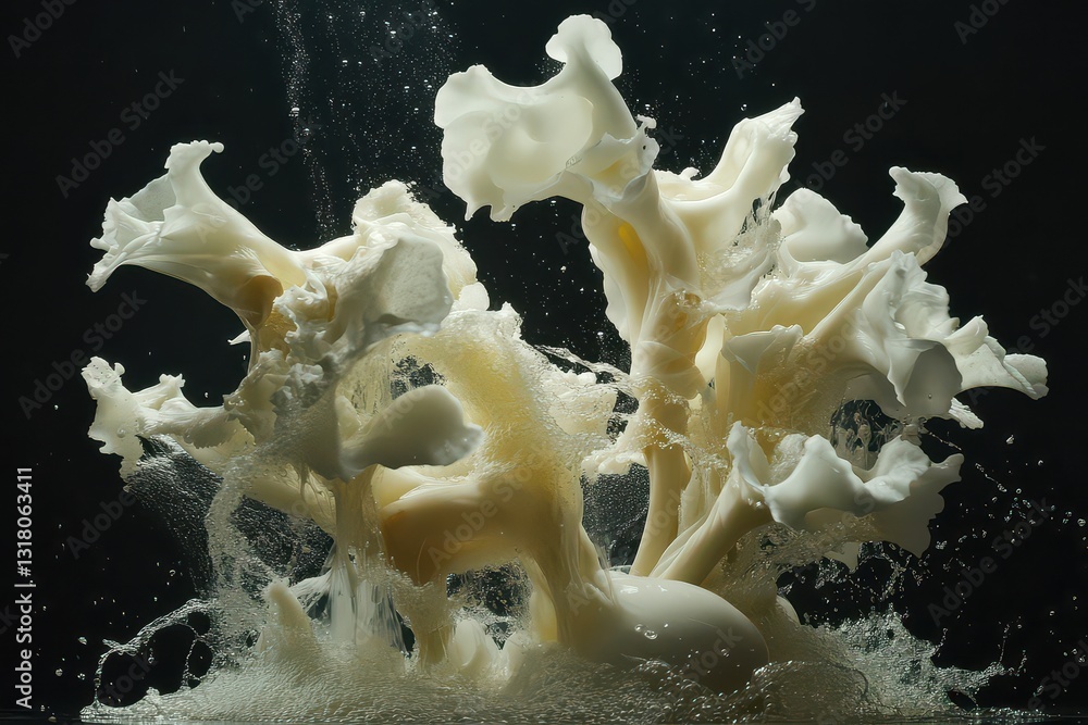 Poster abstract splash of thick white liquid creating dynamic shapes against a dark background