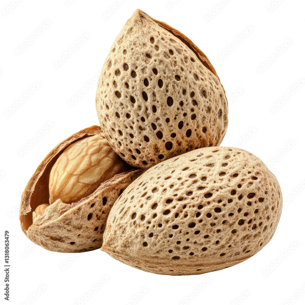 Poster fresh almonds with shells isolated on a clean transparent background for culinary and health uses, g