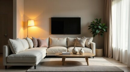 Serene Living Room with Neutral Tones and Natural Light Featuring a Cozy Sectional Sofa, Stylish Coffee Table, and Floor Lamp
