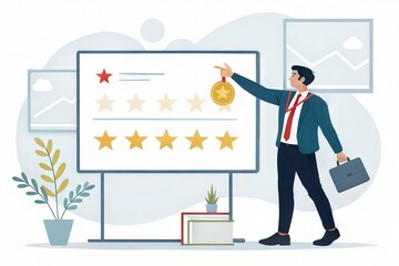 Fototapeta premium Businessman presenting a high-quality service guarantee by showcasing a medal and five-star rating.