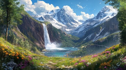 Majestic waterfall cascading into alpine lake, vibrant wildflowers, snow-capped mountains