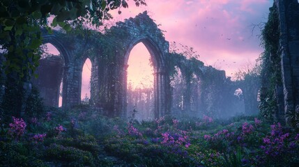 Enchanted Ancient Manor Ruins with Lush Flora and Mystic Atmosphere