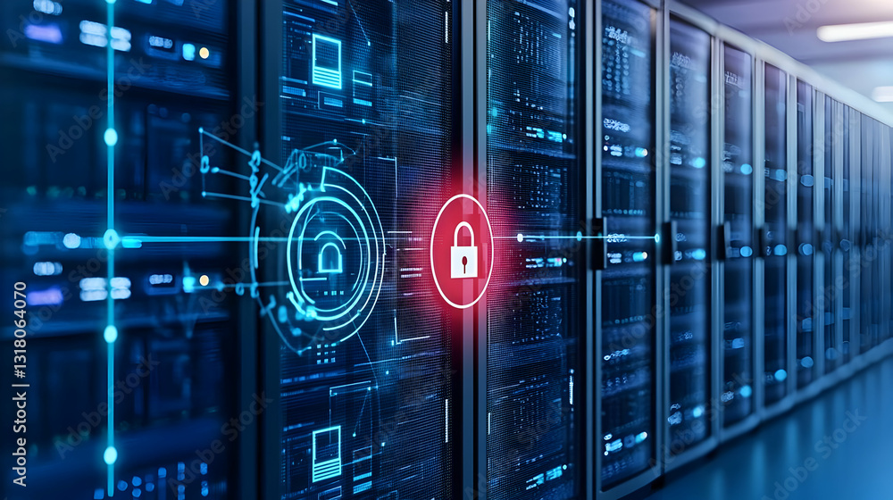 Poster cybersecurity system with server rack and glowing lock in digital blue environment