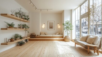 Obraz premium Modern living room design with bright and warm atmosphere