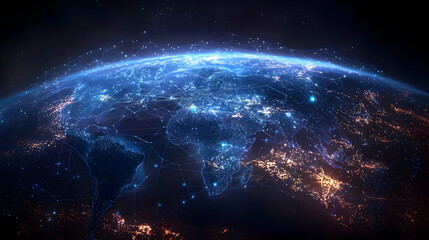 Obraz premium Illuminated Earth at Night From Space Showing Interconnected Cities With Glowing Blue and Orange Lights