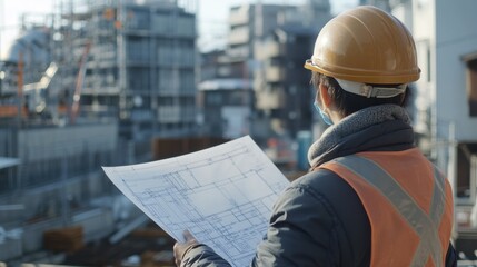 Architect comparing blueprint details with a physical construction site, checking for discrepancies.