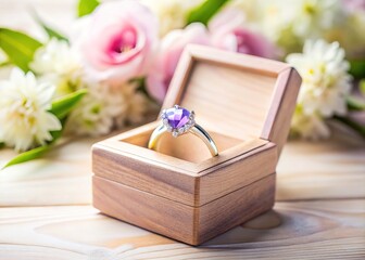 Delicate pastel ring box, smooth wood, a tactile experience.
