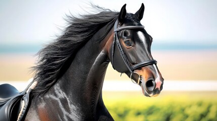 Obraz premium Majestic Black Horse Portrait Elegant Trot Flowing Mane High Resolution Image