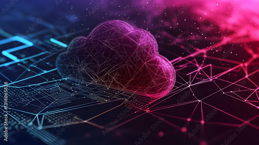 Poster digital cloud formation over circuit board lines and glowing dots representing data and technology