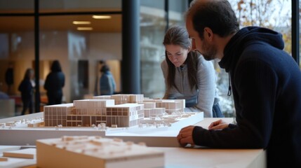 Fototapeta premium Architects preparing a final presentation with scale models and blueprints for stakeholders.