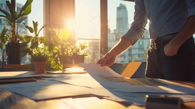 Architects reviewing solar panel placement plans on a rooftop under bright sunlight.