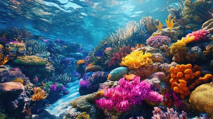 Naklejka premium A vibrant underwater scene showing colorful coral formations and fishes