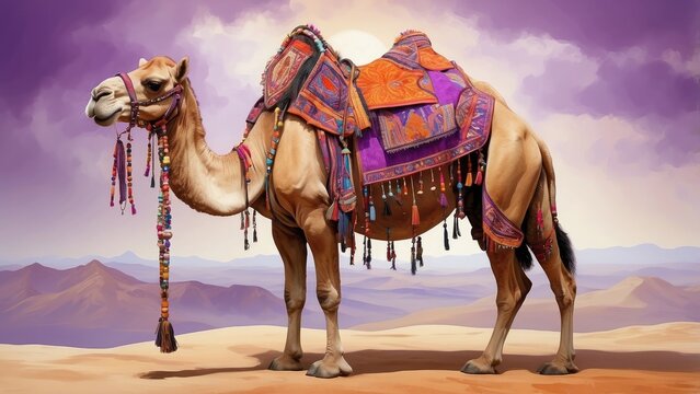 A decorated camel stands gracefully, adorned with a vibrant patterned saddle blanket featuring shades of orange,