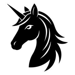 Fototapeta premium Horse unicorn head. Black silhouette. Design element. Vector illustration isolated on white background