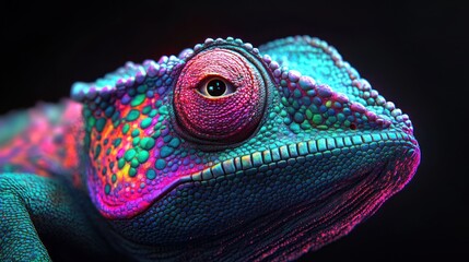 Colorful chameleon close-up, dark background, vibrant scales, nature photography