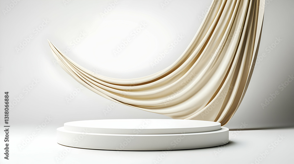 Poster beige drape flowing over a double layered white circular podium on a bright white studio background 