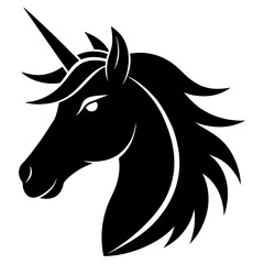 Horse unicorn head. Black silhouette. Design element. Vector illustration isolated on white background