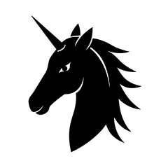 Fototapeta premium Horse unicorn head. Black silhouette. Design element. Vector illustration isolated on white background