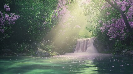 Dreamy and Enchanted Riverside with Soft Waterfall and Blooming Flowers