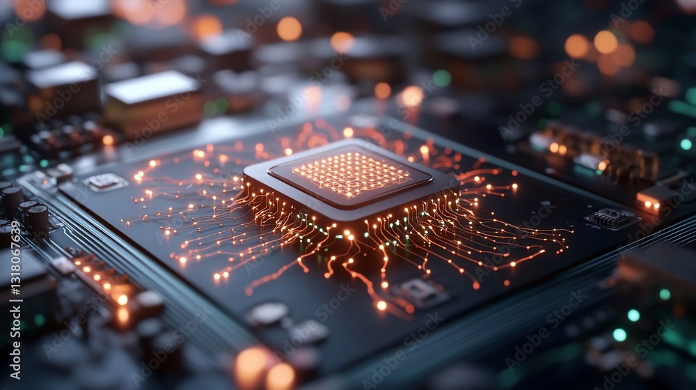 Poster microchip glows on futuristic circuit board for ai development & technology use