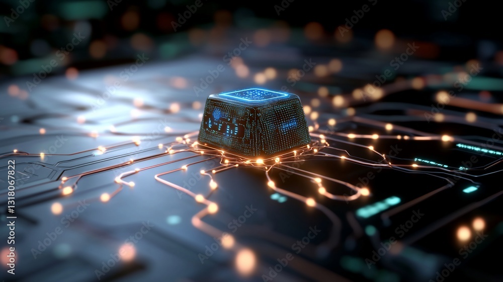 Aufkleber microchip sitting on a motherboard illuminated by lights used in computer tech