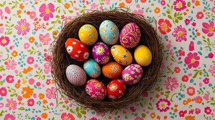 Colorful Easter eggs in a decorative nest, vibrant pastel colors, spring celebration theme, festive and cheerful backdrop.