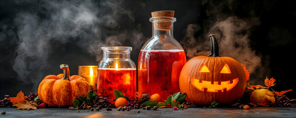Halloween pumpkins, potions, autumn. Festive background