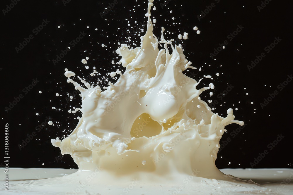 Poster captivating milk splash frozen in time against a dark backdrop, showcasing dynamic motion and textur