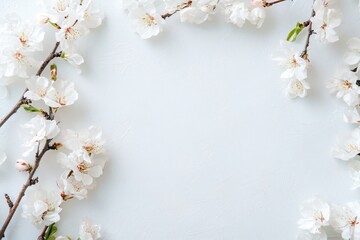 Elegant floral frame, delicate white blossoms surrounding soft background, perfect for invitations or decorative text.