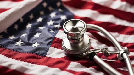 A silver stethoscope lies on a wrinkled American flag, with its chest piece positioned prominently nearby.