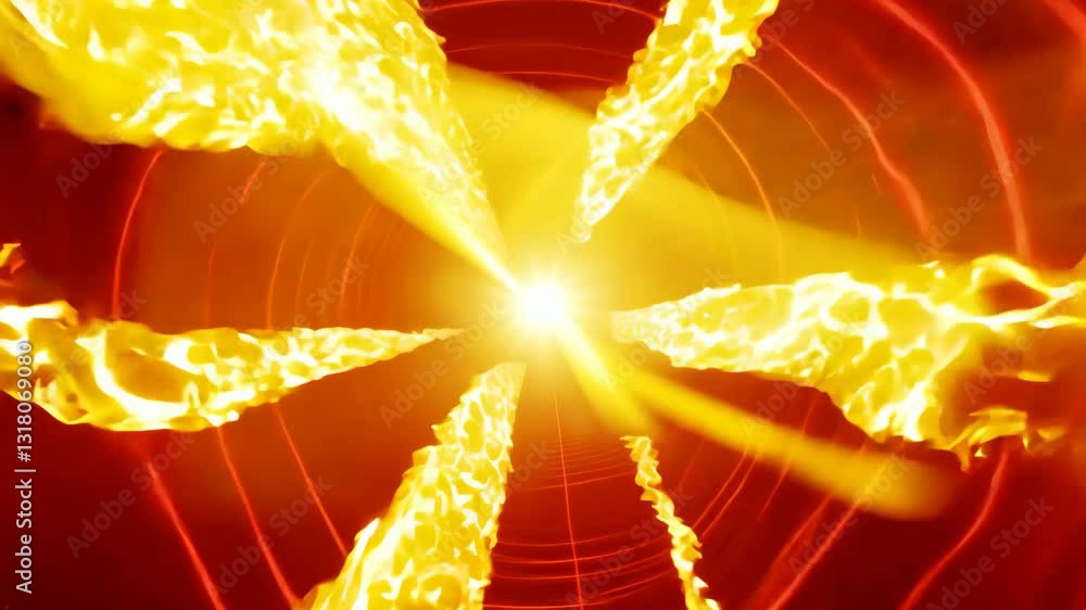 Poster animation of a fiery tunnel with bursting rays of yellow and red light