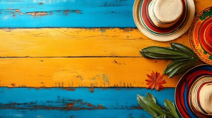 Vibrant Summer Vibes: Colorful Hats on a Rustic Wooden Background