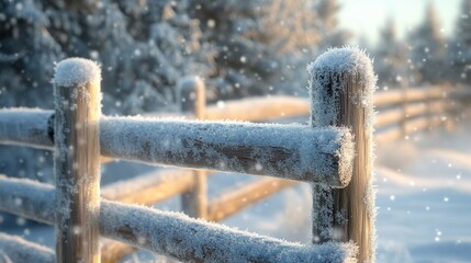 A wooden fence covered with frost in a winter landscape