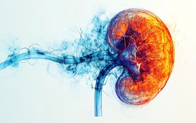 Minimalist human kidney illustration, nephron detail, anatomical structure, simple lines, subtle color accents, clear renal anatomy, highquality render, digital art