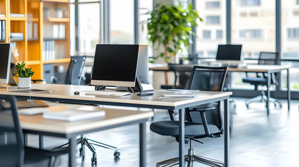 Modern Office Interior With Desks Chairs Computers Green Plants and Large Windows Providing Natural Daylight