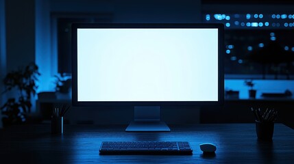Modern Desk Setup at Night with Empty Computer Screen and Keyboard