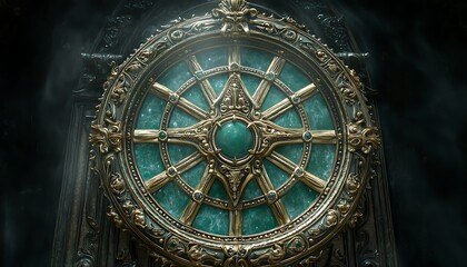 Ornate golden wheel, mystical temple