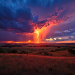 Stormy Sky Lightning Strike at Dramatic Sunset Over Open Landscape