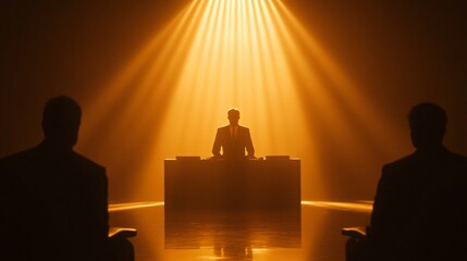 Silhouetted figures in warm lighting, dramatic scene with an authoritative figure illuminated at a desk, engaging atmosphere for discussions.