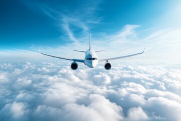 Fototapeta premium Airplane soaring above fluffy clouds, vibrant blue sky reflecting modern travel, ideal for aviation themes or adventure text.