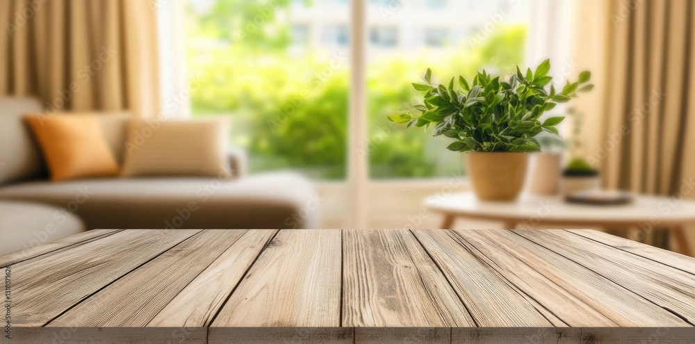 Poster rustic wooden table with a blurred cozy living room in the background, creating a warm and inviting 